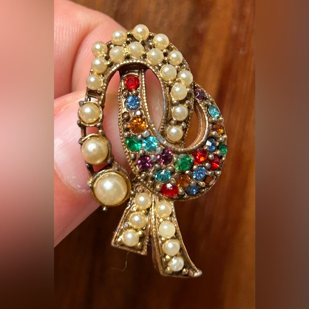 Vintage Multi Color Czech Faux Pearl Brooch Colorful Rhinestone Pin